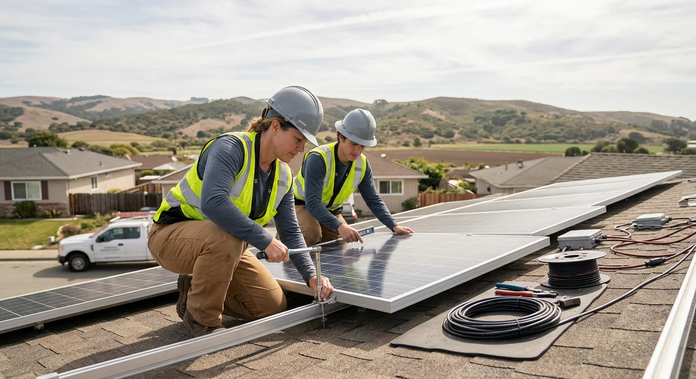 Solar technician inspecting rooftop panels during maintenance service in Watsonville