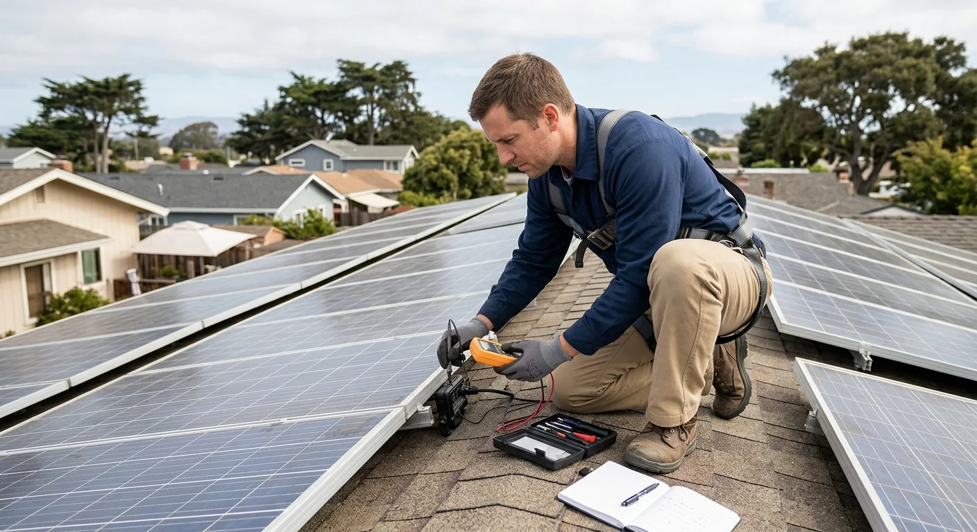 Technician inspecting rooftop solar panels for corrosion in coastal Watsonville