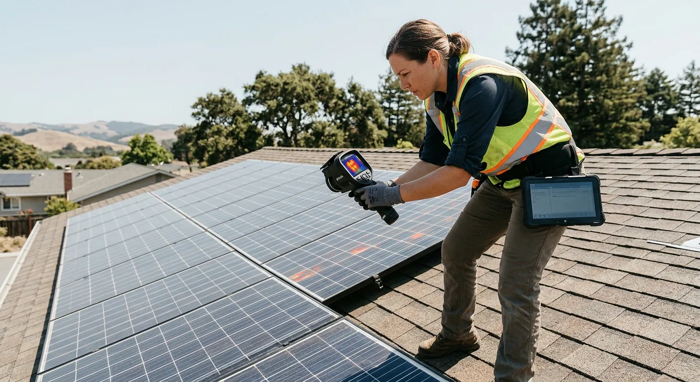 Thermal imaging diagnostic identifying hot spots on residential solar array