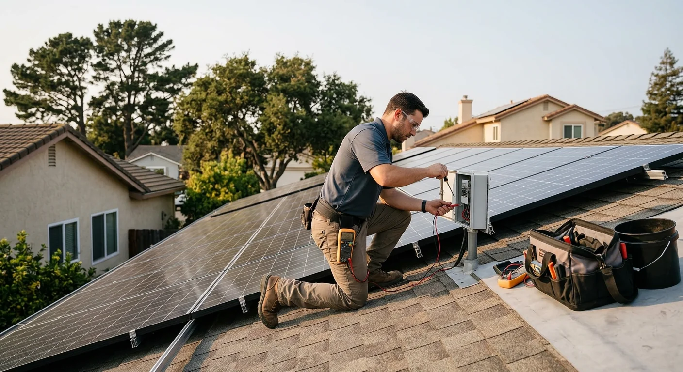 Technician inspecting rooftop solar panels on a Watsonville home during maintenance