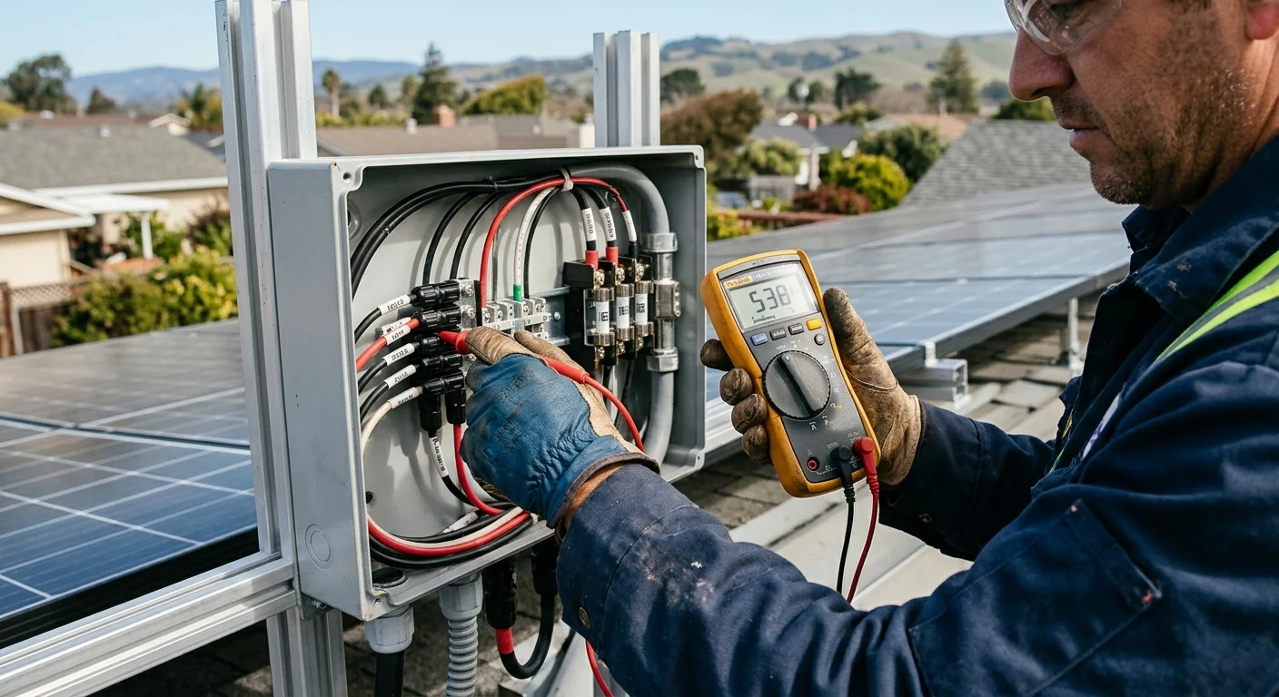 Close-up of hands testing string voltage on solar array wiring