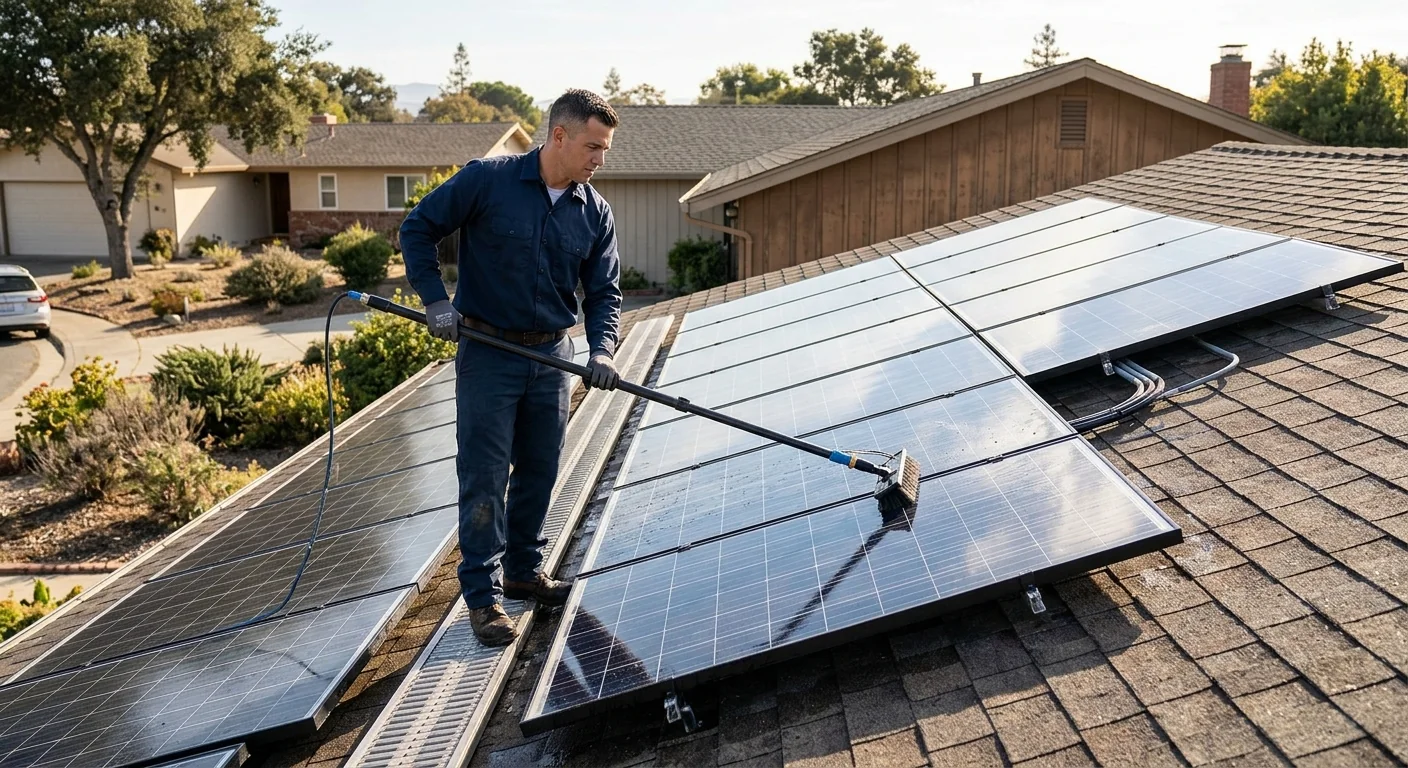 Cleaned solar panels reflecting clear sky after soiling removal